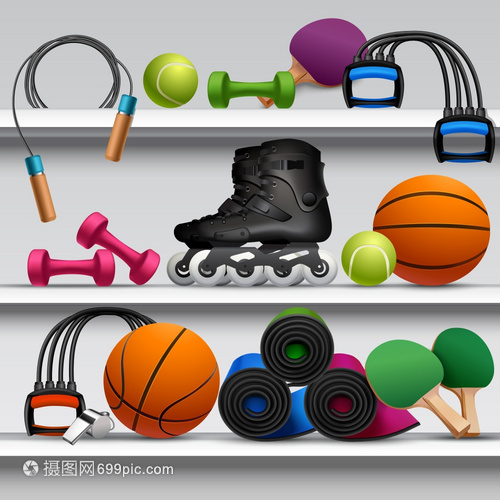 体育商店货架与健身设备球球拍矢量插图